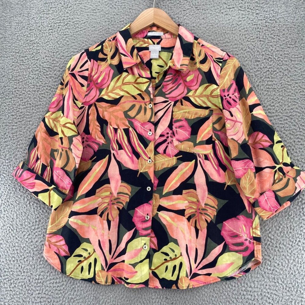 Chicos Shirt Womens 2 US Large Coral Multi Floral No Iron FreshChic Linen Collar